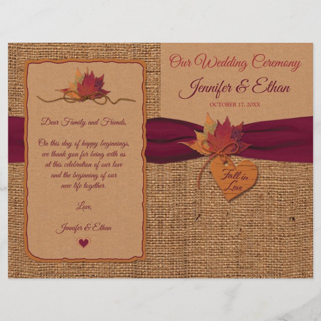 Fall in Love Burlap, Leaves Folded Wedding Program (Front)