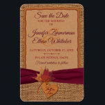 Fall in Love Burlap, Leaves Save the Date (Large) Magnet<br><div class="desc">Send out a stunning wedding save-the-date magnet announcement to all the special people you want to attend your wedding with this large 4"x6" rustic autumn wedding save-the-date magnet with simulated burlap texture background, Kraft paper look text area trimmed in wine and orange with a burgundy wine ribbon image running across...</div>