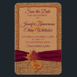 Fall in Love Burlap, Leaves Save the Date (Large) Magnet<br><div class="desc">Send out a stunning wedding save-the-date magnet announcement to all the special people you want to attend your wedding with this large 4"x6" rustic autumn wedding save-the-date magnet with simulated burlap texture background, Kraft paper look text area trimmed in wine and orange with a burgundy wine ribbon image running across...</div>