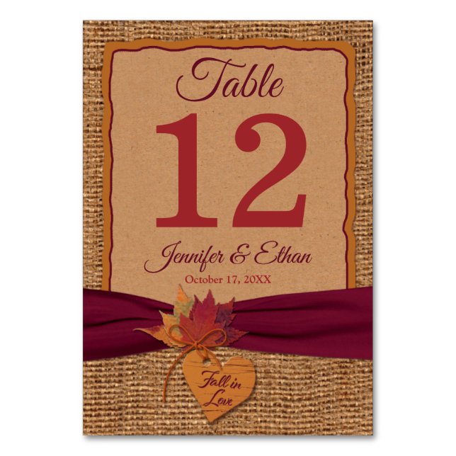 Fall in Love Burlap, Leaves Table Number Card (Front)