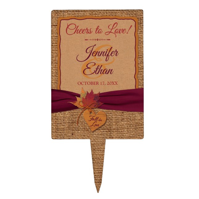 Fall in Love Burlap, Leaves Wedding Cake Topper (Front)