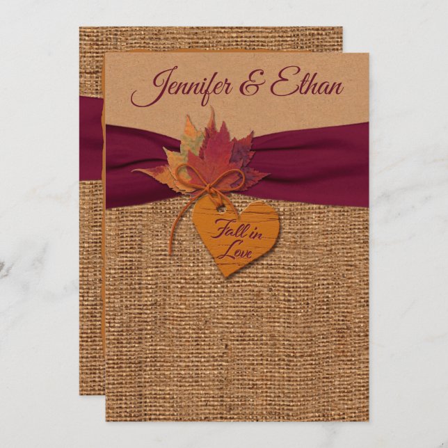 Fall in Love Burlap, Leaves Wedding Invitation (Front/Back)