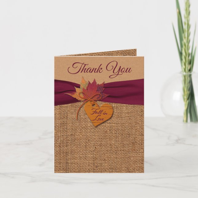 Fall in Love Burlap, Leaves Wedding Thank You Card (Front)