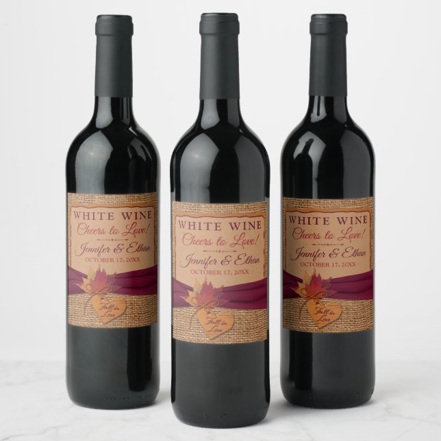 Fall in Love Burlap, Leaves Wedding Wine Label (Bottles)