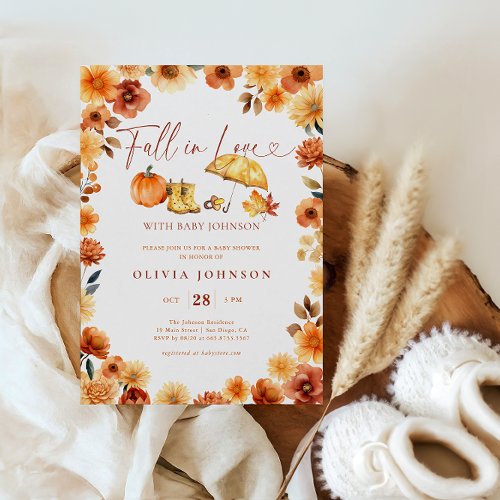 Fall in Love Burnt Orange Floral Baby Shower Invitation