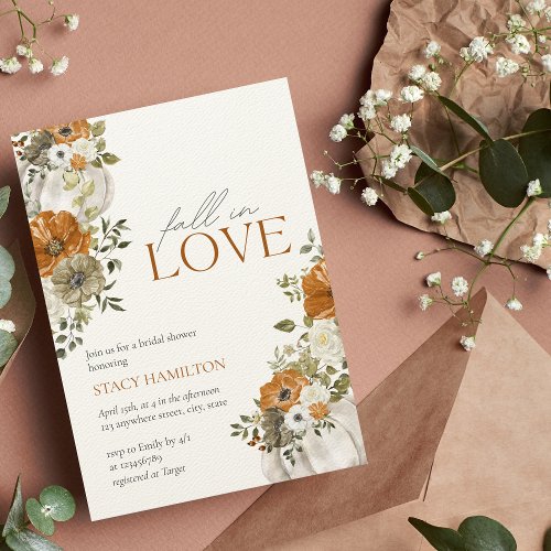 Fall in Love Burnt Orange Floral Bridal Shower Invitation