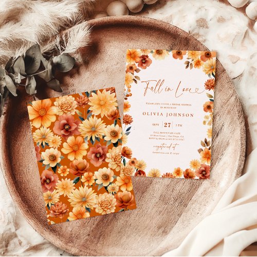 Fall in Love  Burnt Orange Floral Bridal Shower Invitation