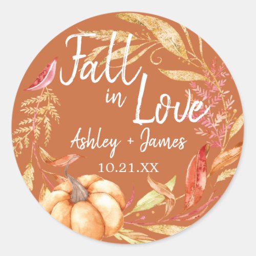 Fall in Love Burnt Orange Wedding Date  Classic Round Sticker