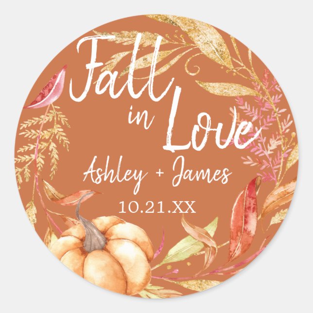 Fall in Love Burnt Orange Wedding Date  Classic Round Sticker (Front)