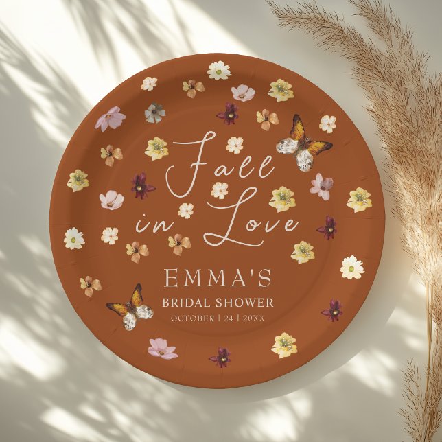 Fall in Love Burnt Orange Wildflower Bridal Shower Paper Plates (Creator Uploaded)