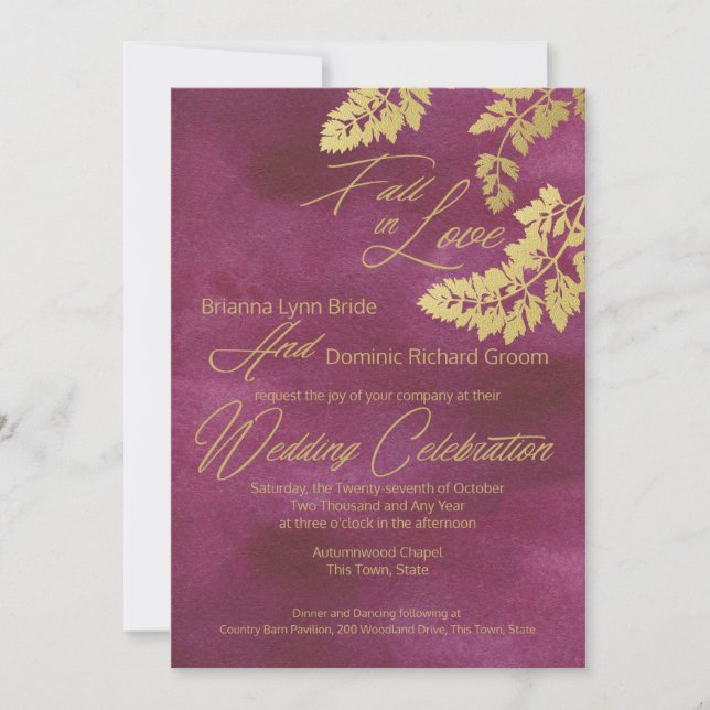 Fall in Love Cranberry and Gold Leaves Wedding Invitation (Front)