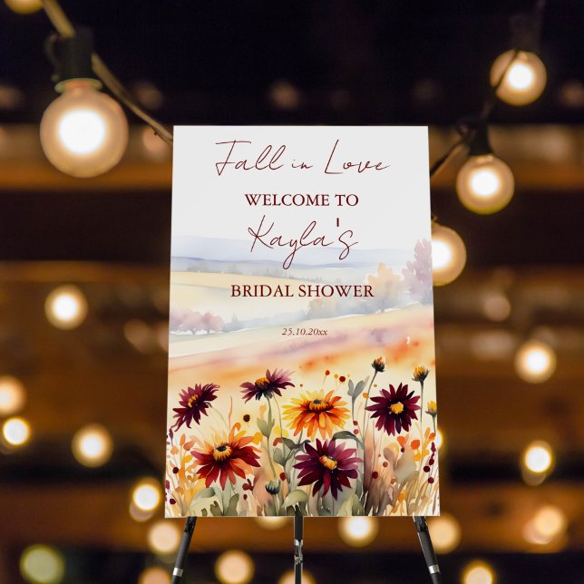 Fall in love dahlias bridal shower welcome sign (Fall in love bridal shower welcome sign board burgundy yellow dahlias meadow fall field welcome sign)