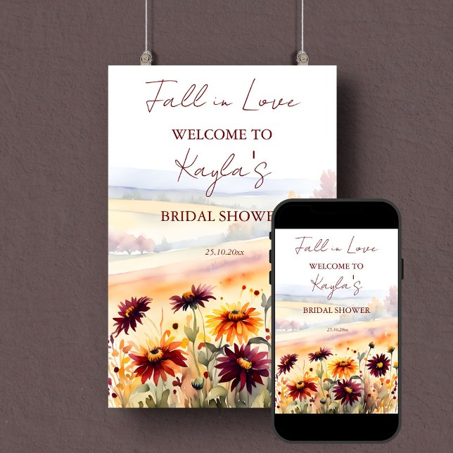 Fall in love dahlias bridal shower welcome sign (Fall in love bridal shower welcome sign template poster digital download burgundy yellow dahlias)