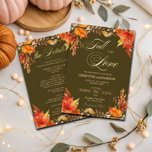 Fall in Love Details on Back Floral Wedding Gold Foil Invitation