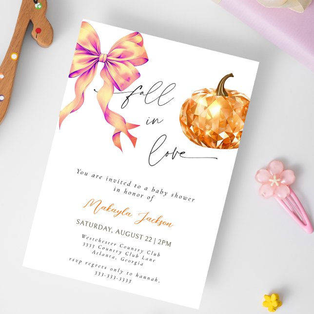 Fall in Love Diamond Pumpkin Bow Baby shower Invitation (Creator Uploaded)