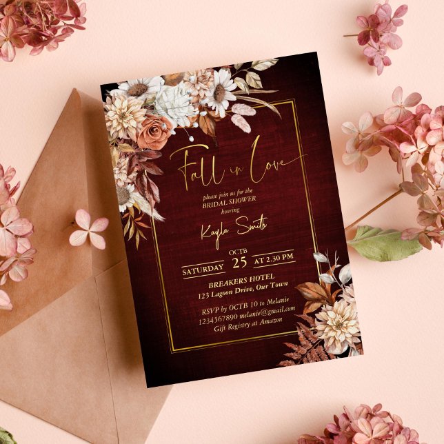 Fall in love dried brown roses bridal shower invitation (Fall in love terracotta brown dried roses fall themed bridal shower template invitation  download)