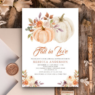 Fall in Love Earthy Floral Pumpkin Bridal Shower Invitation