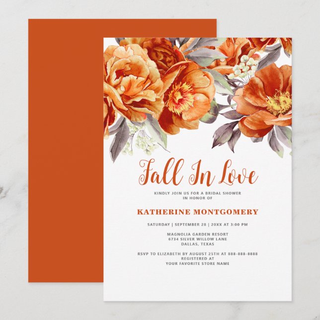 Fall In Love Elegant Floral Orange Bridal Shower Invitation (Front/Back)