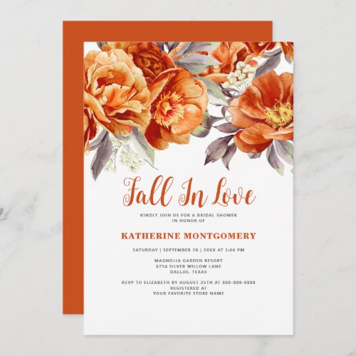 Fall In Love Elegant Floral Orange Bridal Shower Invitation