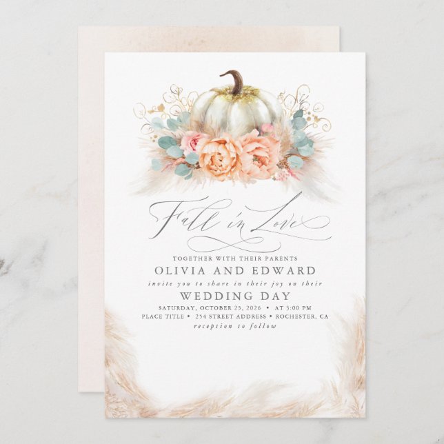 Fall in Love Elegant Orange Floral Pumpkin Wedding Invitation (Front/Back)
