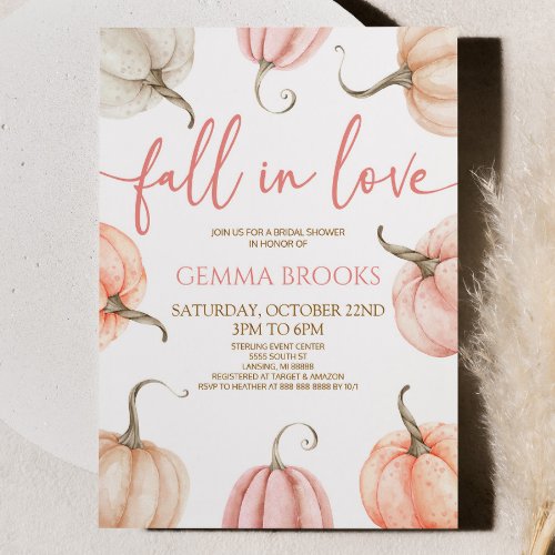 Fall In Love Elegant Pink Pumpkin Bridal Shower Invitation