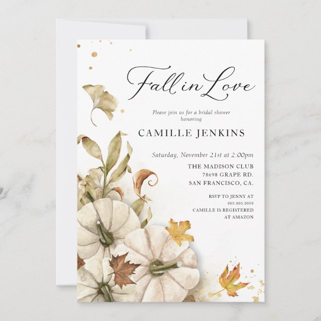 Fall in Love Elegant Pumpkin Bridal Shower Invitation (Front)