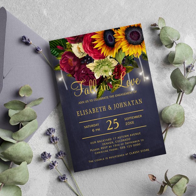 Fall in love elegant rustic chic navy engagement invitation (Creator Uploaded)
