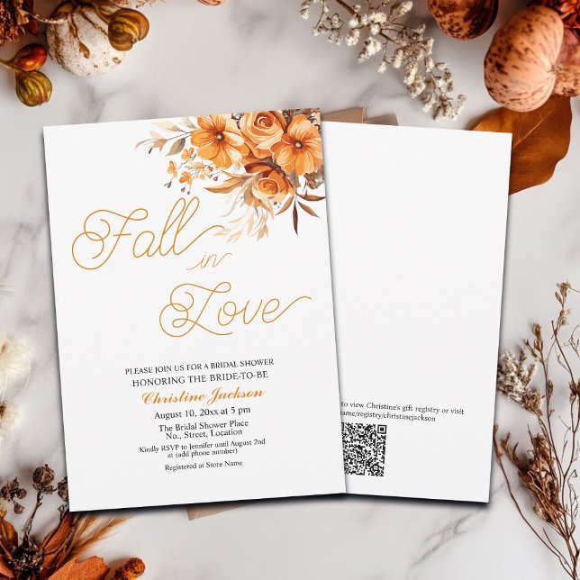 Fall in Love Elegant Script QR Code Bridal Shower Invitation (Creator Uploaded)