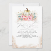 Fall in Love Elegant Wedding Pink Flowers Pumpkin Invitation (Front)