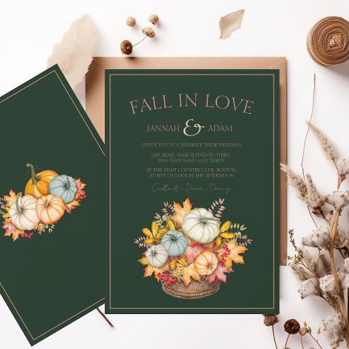Fall in Love Emerald Green Autumn Pumpkins Wedding Invitation