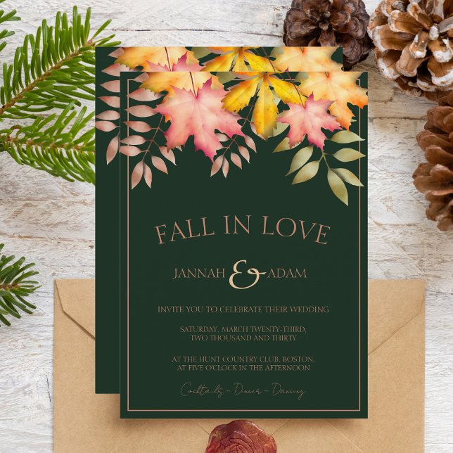 Fall in Love Emerald Green Autumn Wedding Invitation (Creator Uploaded)