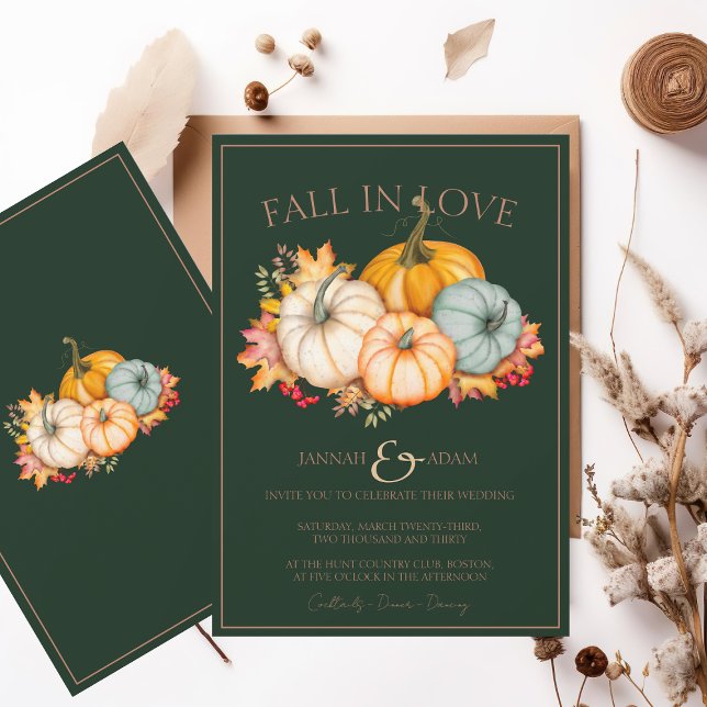 Fall in Love Emerald Green Pumpkin Wedding Invitation (Creator Uploaded)