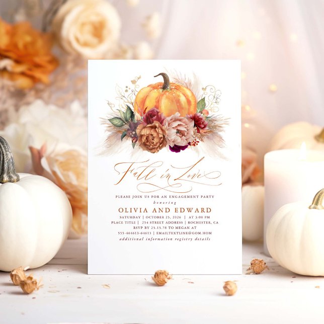 Fall in Love Engagement Party Rust Flowers Pumpkin Invitation (Fall In Love Orange Pumpkin and Rustic Blooms Engagement Party Invitations)