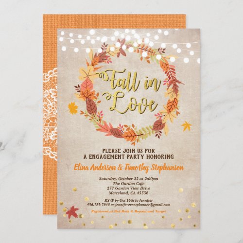 Fall in love engagement party wreath vintage invitation