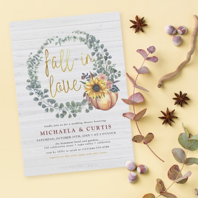 Fall In Love Eucalyptus & Pumpkin Wedding Shower Invitation (Creator Uploaded)