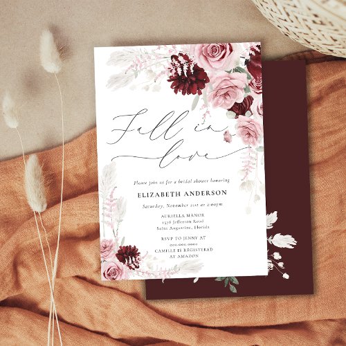 Fall in Love Fall Floral Burgundy Bridal Shower Invitation