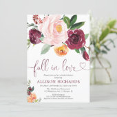 Fall in love fall floral burgundy bridal shower invitation (Standing Front)