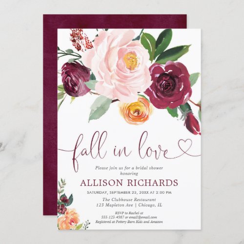 Fall in love fall floral burgundy bridal shower invitation