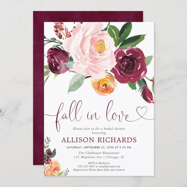 Fall in love fall floral burgundy bridal shower invitation (Front/Back)