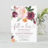 Fall in love fall floral burgundy girl baby shower invitation (Standing Front)