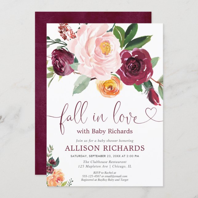 Fall in love fall floral burgundy girl baby shower invitation (Front/Back)
