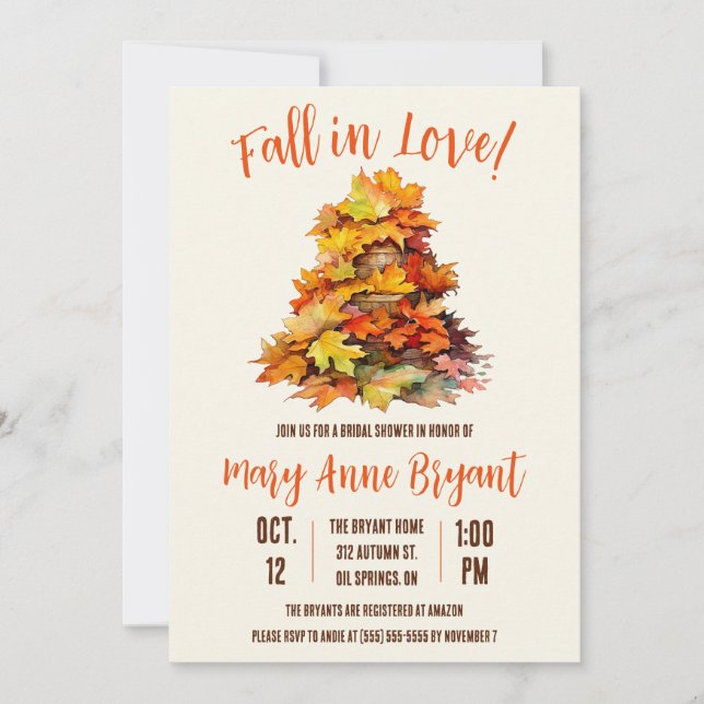 Fall in Love, Fall Leaves, Autumn, Bridal Shower Invitation (Front)