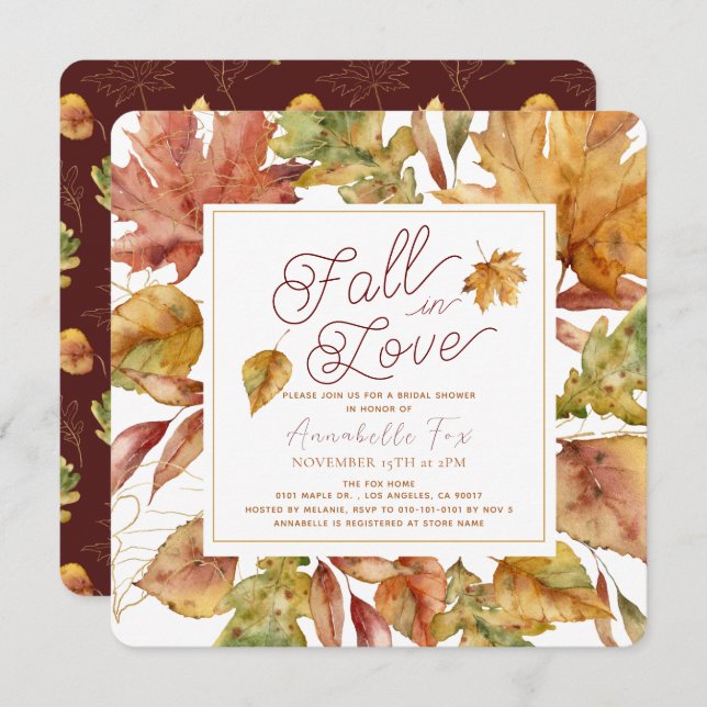 Fall in Love Fall Leaves Bridal Shower Invitation (Front/Back)