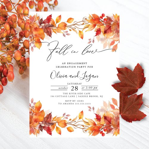 Fall In Love Fall Leaves Engagement Party Invitation