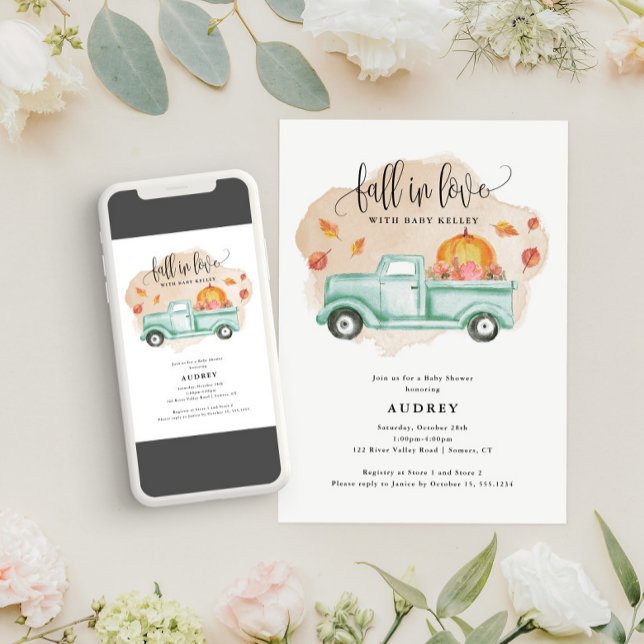 Fall in Love Farm Truck Pumpkin Fall Baby Shower Invitation (Fall in love...with this cute invitaton!)