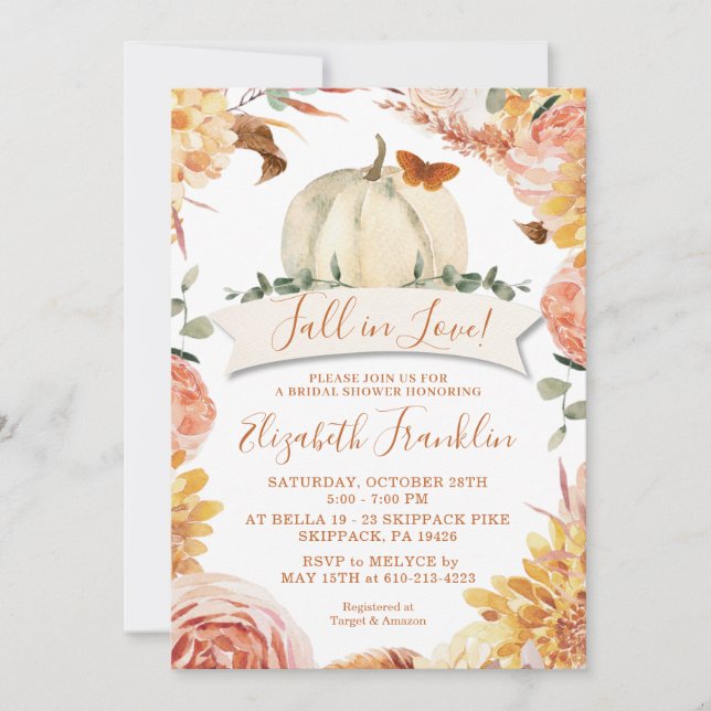 Fall in Love Floral and Pumpkin Bridal Shower  Invitation (Front)