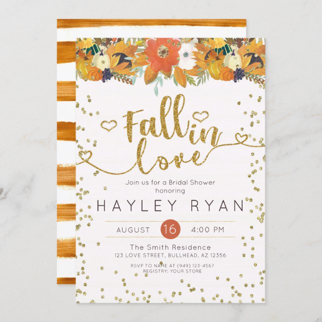 Fall in Love Floral Leaves Pumpkins Bridal shower Invitation (Front/Back)
