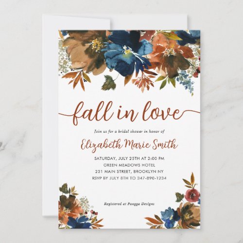 Fall in Love Floral Navy Blue Brown Bridal Shower Invitation