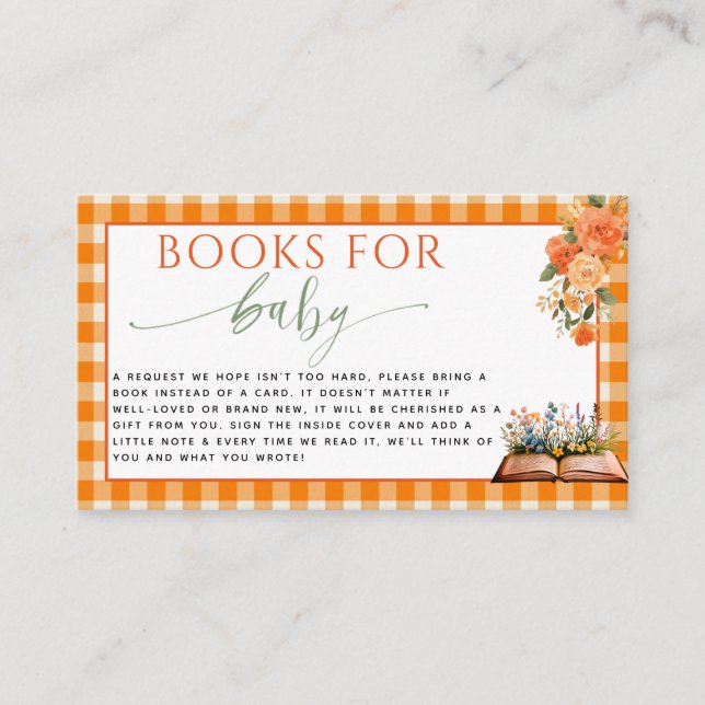 Fall In Love Floral Orange Gingham Books for Baby  Enclosure Card (Front)