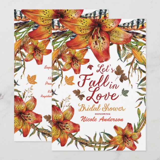 FALL IN LOVE Floral Orange Lilies Bridal Shower Invitation (Front/Back)
